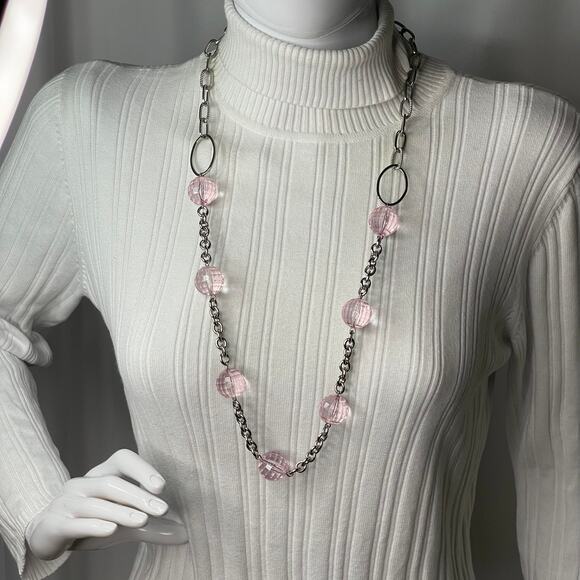 silver tone chunky chain link necklace with faceted pink resin beads jewelry - Picture 10 of 16
